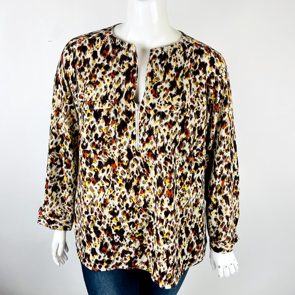 Valerie Stevens Womans Sz 2X Plus Blouse Brown Long Sleeve V Neck Animal - Picture 3 of 9